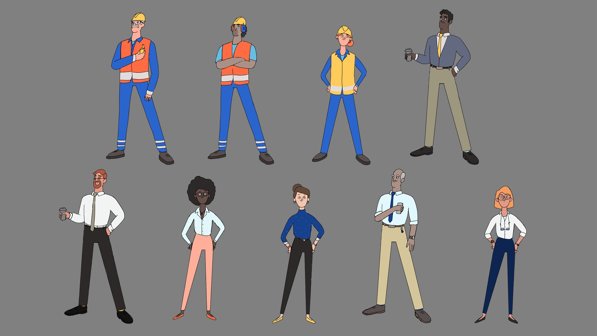Illustration explorations of employees dressed in office clothing or work clothing.