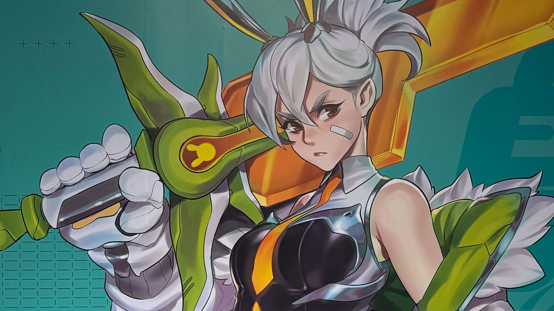 Illustrated image of a female character from League of Legends. She is holding a sword over her shoulders.