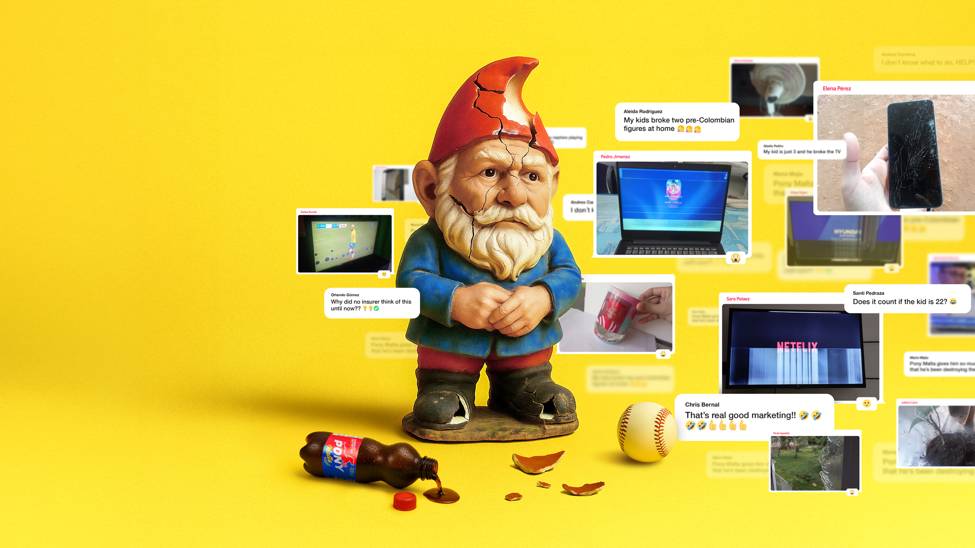 A broken gnome with a pony malta drink bottle and ball by it's feet