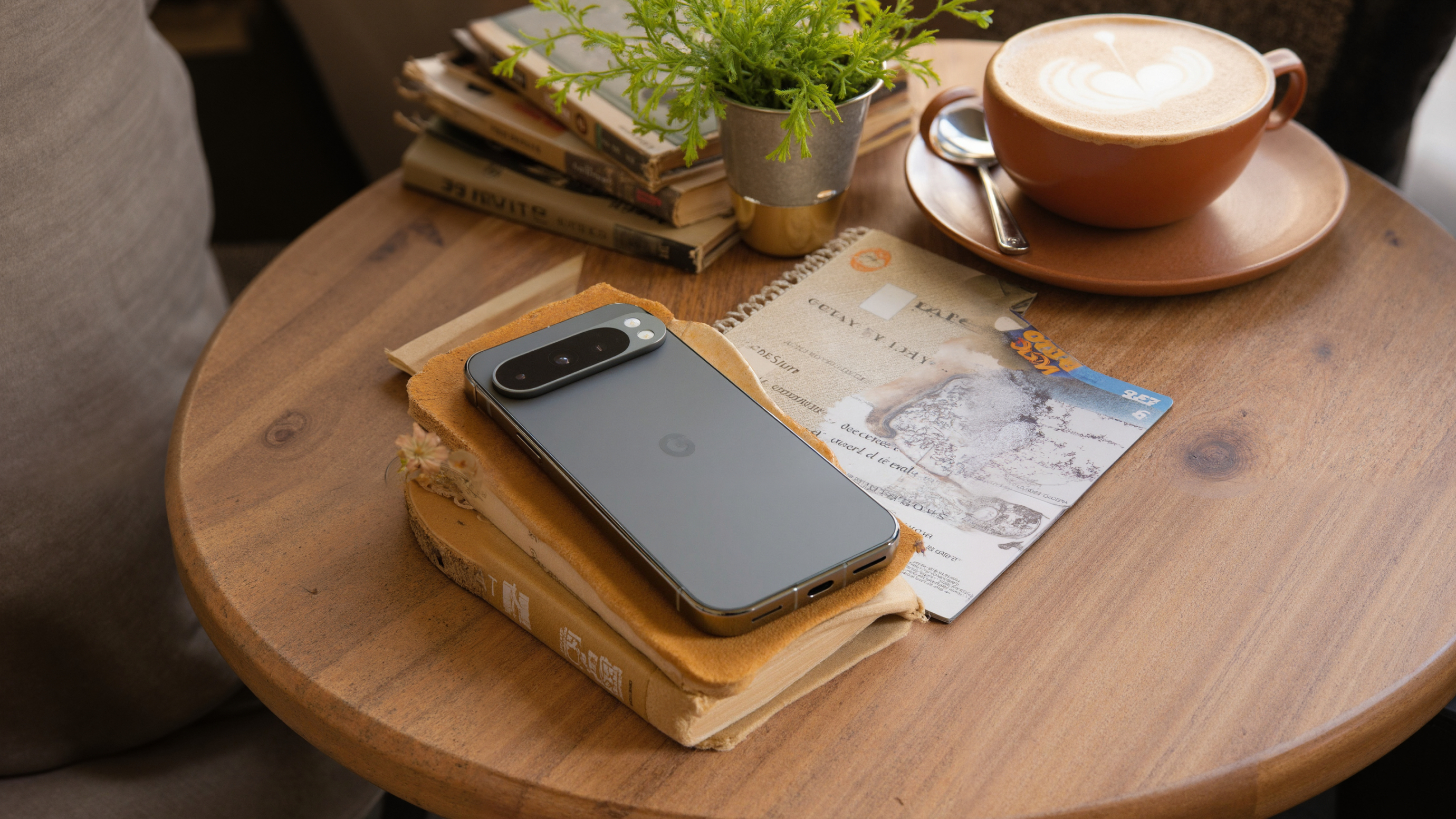A Google Pixel Pro 9 phone on a coffee table