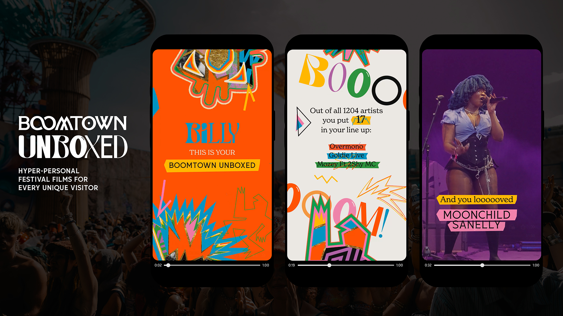 A digital marketing case study image showing a crowd at the Boomtown festival, with three phones in the foreground displaying unique, hyper-personalized recap videos generated by an AI platform.