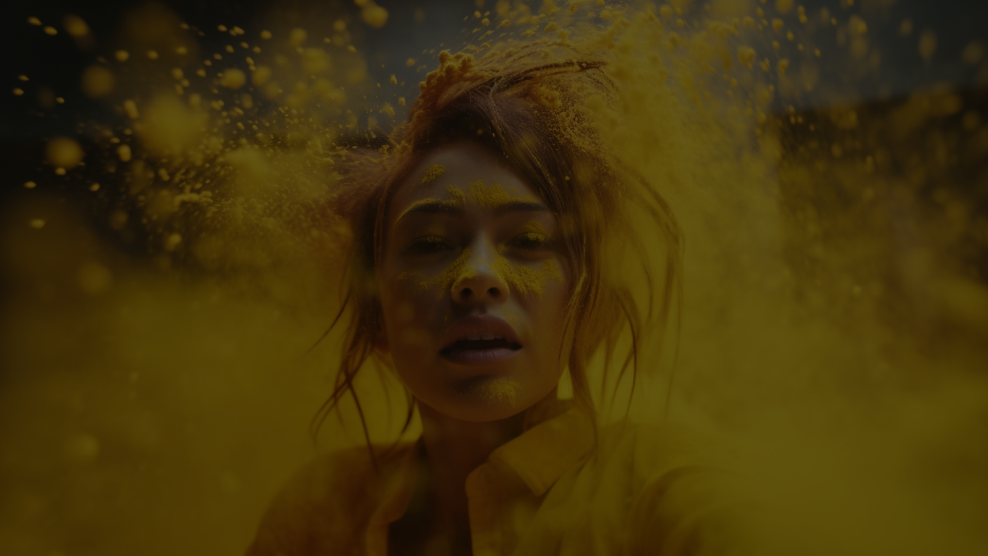 A woman with flowers behind her