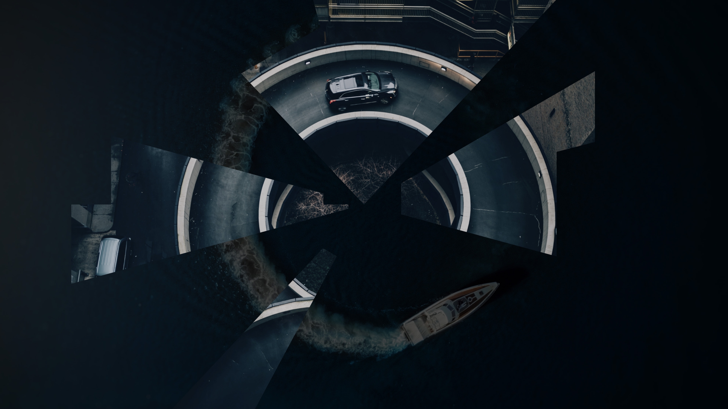 A circular highway with a boat running below it