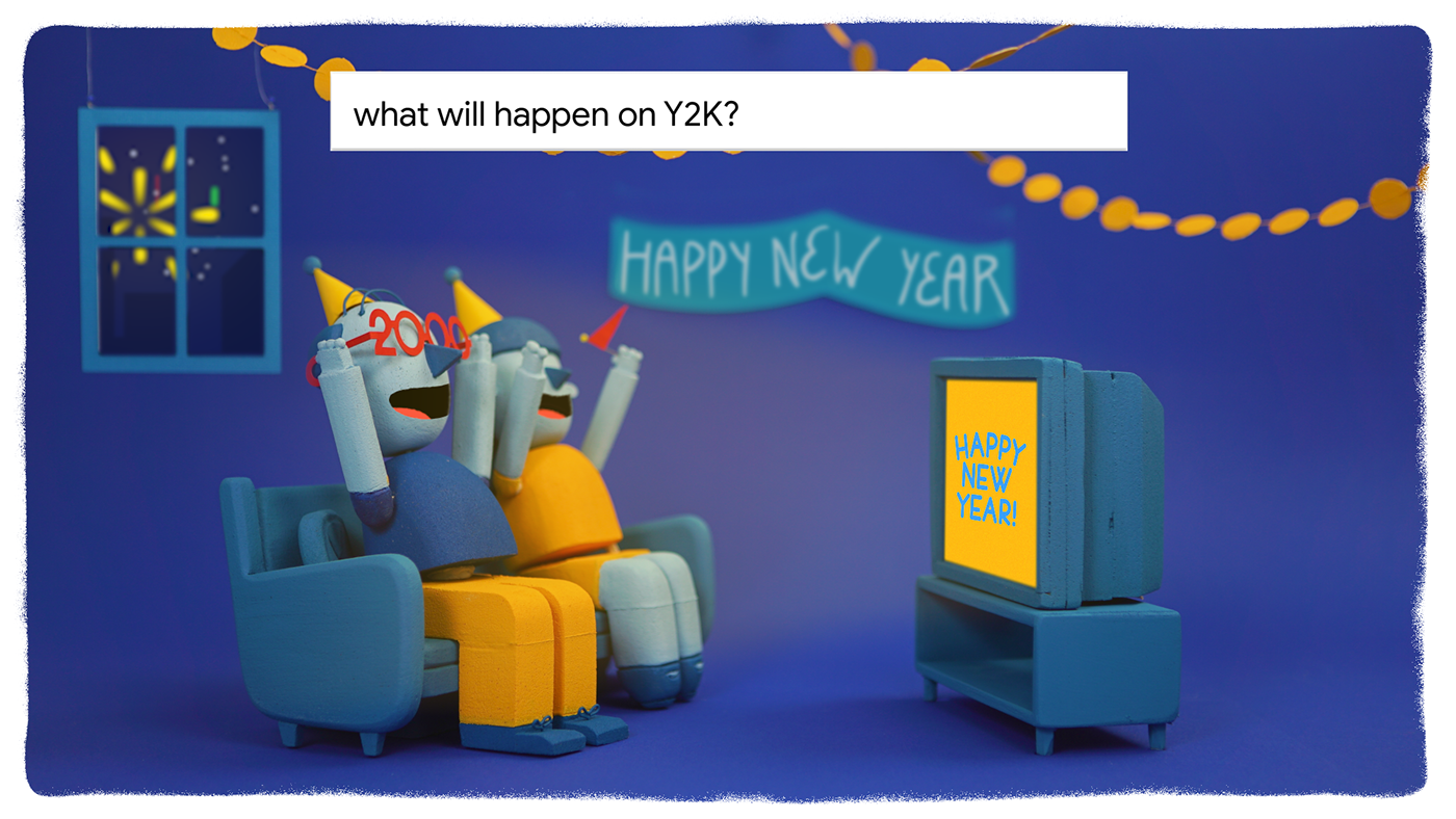 The final animation with the two characters wacthing at the tv. They chear for happy new year. And the search bar states the copy 'What will happen on Y2K?'