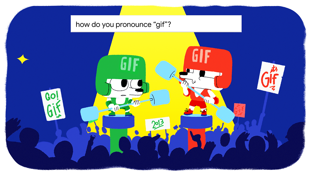 Animation of two cartoon figures that look like dogs who fight with each other. they both wear helmets with the word 'gif' on the helmet. With at the top a Google search bar with the question: how do you pronounce "gif"?