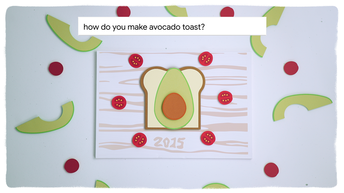 Animation of a sandwich with an avocado on top and all little half tomato's on the side. With at the top a Google search bar with the question: how do you make avocado toast?