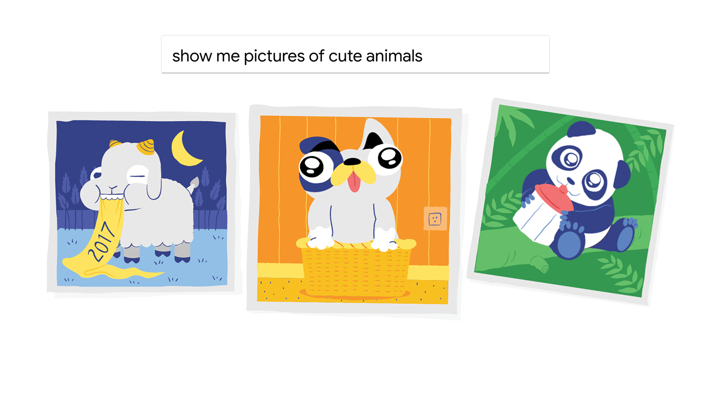 Animation of three frames with animals, the first one with a sheep, then a dog and last a baby panda bear. With at the top a Google search bar with the question: show me pictures of cute animals