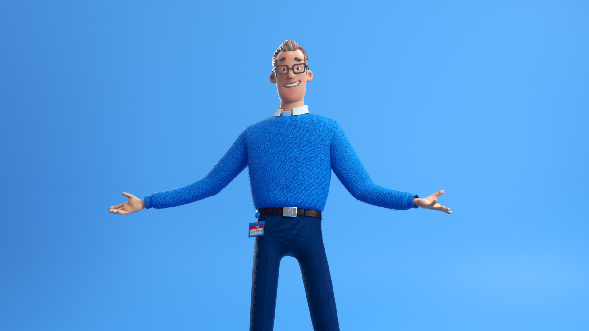 Animation of two IT Characters & assets details. A closeup of the hero character is situated on a blue background.