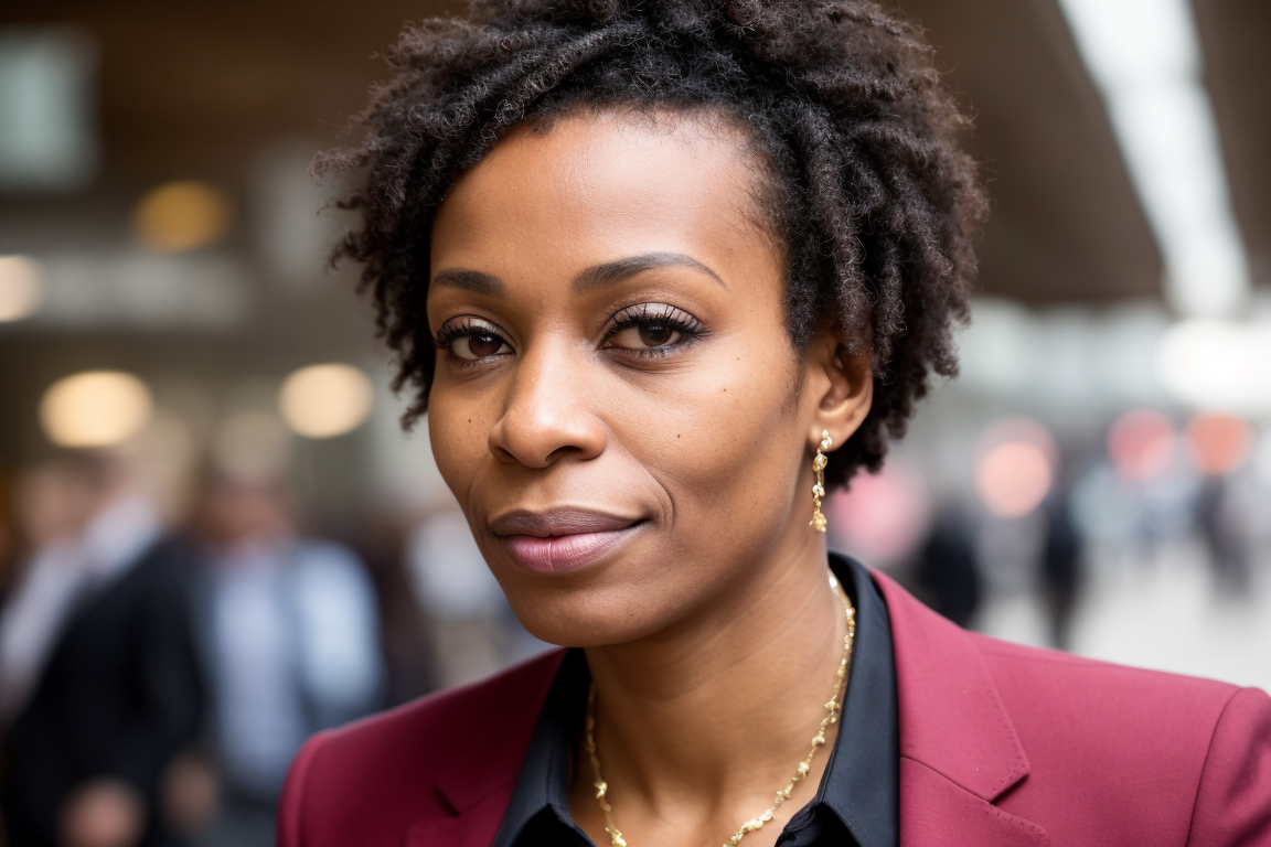 A woman in business attire waiting for a train