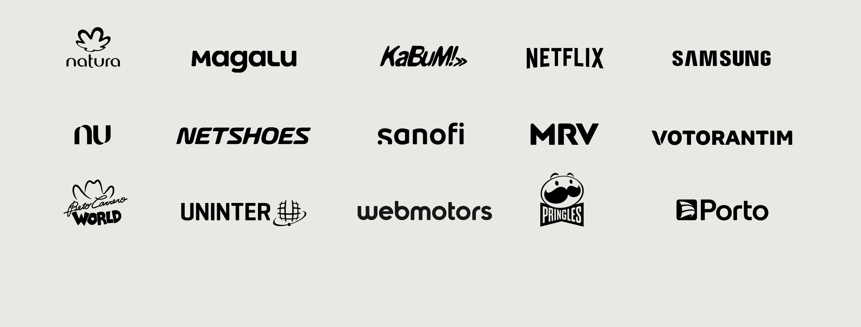 Vários logotipos de marcas sobre um fundo claro. Os logotipos incluem marcas como Natura, Magalu, Kabum, Netflix, Samsung, Nubank, Netshoes, Sanofi, MRV, Votorantim, Beto Carrero, Uninter, Webmotors e Pringles, além de Porto.