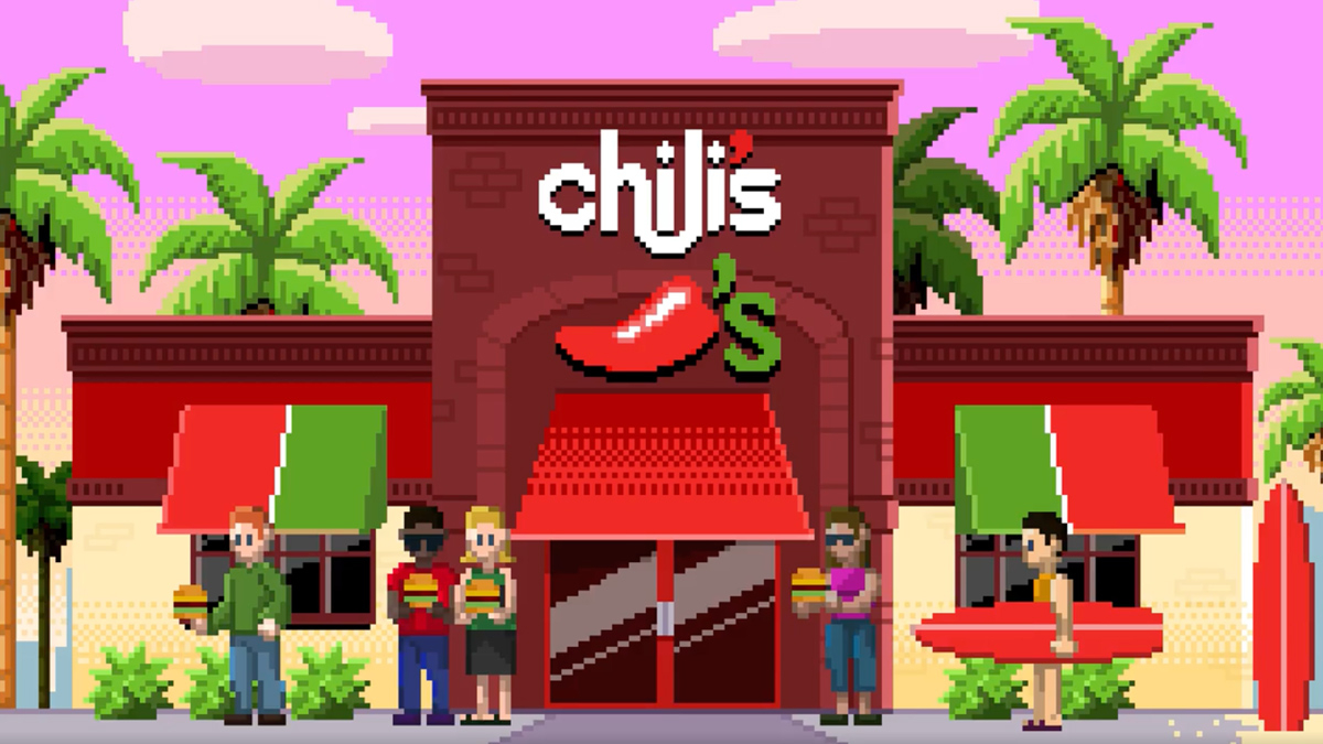 a pixelated illustration of a Chilis restaurant, evoking a retro gaming feel