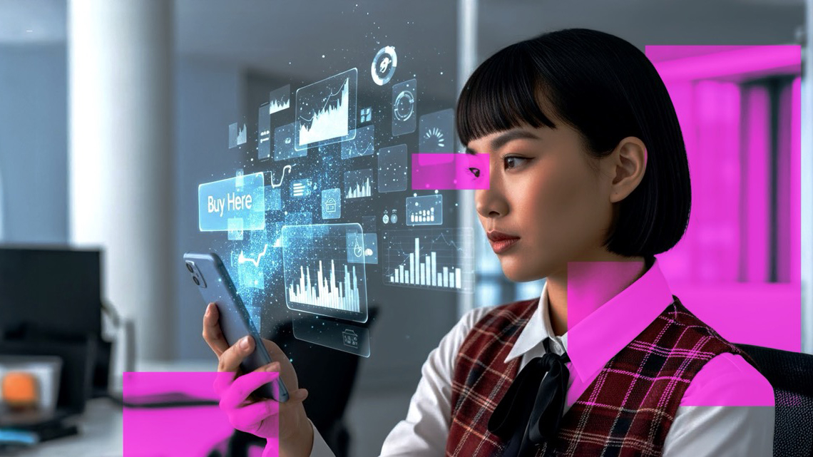 Asian lady looking at a phone while holograms emerge out from the phone