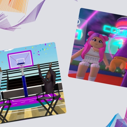 A group of roblox characters stand in front of a sign and two women sit on a virtual basketball court for an interview