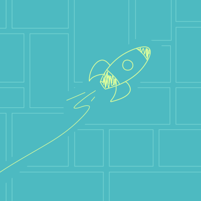 An illustrated rocketship shoots off into space