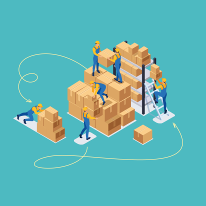 An illustrative team of workers moving boxes