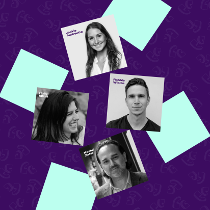 Four portraits of men and women in squares, waterfalling down a purple background