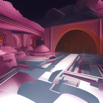 A digital view of inside a castle with pink walls and stairs