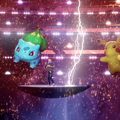 A virtual stage with post malone surrounded by pokemon