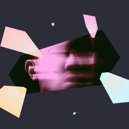 Colorful crystals and shapes fly out of an image of person shaking their head