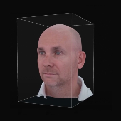 A virtual human head inside a clear box