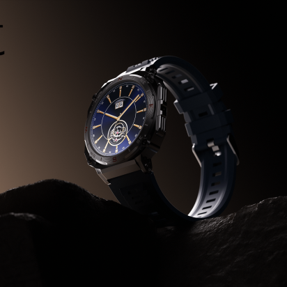 Hyper realistic animation of a boAt_Enigma watch seen from beneath on a rock with the light coming from the left.