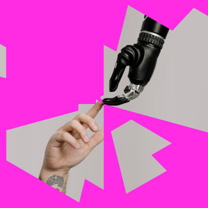 A human hand extended to touch fingers with a robotic hand, evocative of Michaelangelo's "The Creation of Adam"