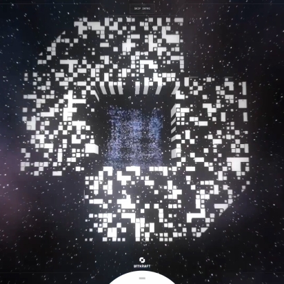Form shaped outn o0f little white cubes is floating in a dark sky with stars. The logo for BITKRAFT is placed small at the bottom.