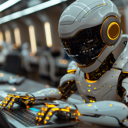 Image depicting a robot typing on a computer