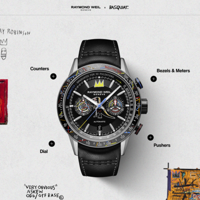 Overview image with two watches and around that little snippets of the illustrations from Brasquiat.