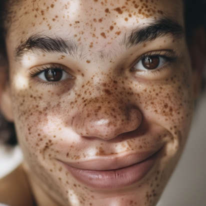 A woman smiling with freckles