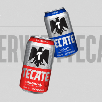 Tecate beer cans in red and blue