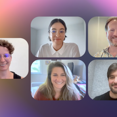 five people on a webinar with a colorful gradient background