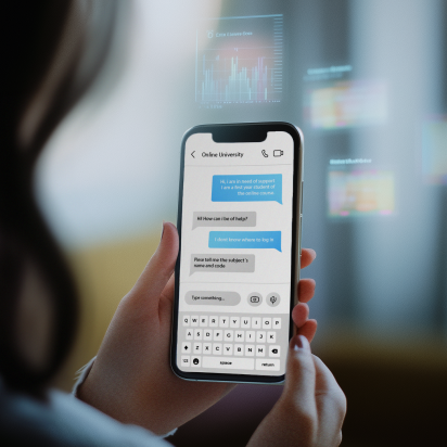 A woman holds a smartphone. The screen displays a chat interface related to "Online University." Text messages indicate a conversation about needing help with a course or login issues. There are graphical elements, possibly data visualizations, floating in the background, suggesting a digital or educational context. The person's hand and part of their face are visible, but their features are not clearly defined.