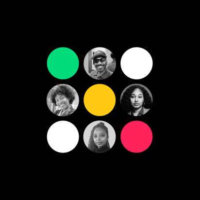 A design of nine circles, arranged in a 3 by 3 square. Four of them include headshots of the employees featured in the blog post.
