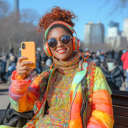 A girl taking a picture on her phone sitting in the park