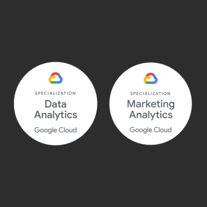 Badges displaying the specialization certification of Data Analytics and Marketing Analytics for Google Cloud Platform
