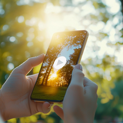 A person holding a smartphone outdoors in a forested area, with sunlight streaming through the trees. The phone screen displays an image of trees and sunlight, with a play button icon in the center, suggesting a video. The background is softly blurred, highlighting the natural setting.