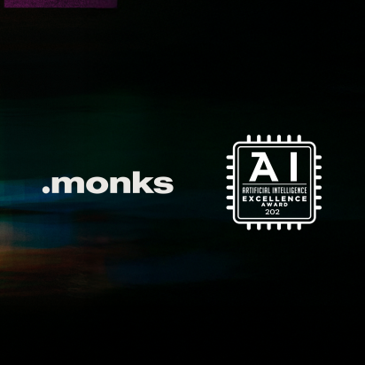 The Monks and AI Excellence Awards logos against a black backdrop. Abstract brushstrokes in pink, blue and orange are at the left edge of the image.