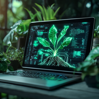A laptop on a wooden table surrounded by potted plants, with its screen displaying a digital illustration of a green plant with visible roots and leaves, overlaid with data and code graphics. The setting is lush and green, suggesting a connection between technology and nature. Sunlight filters through the foliage in the background.