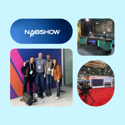 Collage of four images on a light blue background. Top left: "NABSHOW" logo on a blue gradient background. Top right: Two people sitting at a modern broadcast desk with screens behind them. Bottom left: Four people standing and posing for a photo in front of a colorful geometric wall. Bottom right: Photo of a camera setup at a trade show, focused on a large Verizon display booth with screens and a red carpet.