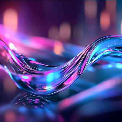 A vibrant, flowing wave of translucent material reflecting colorful lights in shades of pink, blue, and purple. The background features a soft bokeh effect with blurred light sources, enhancing the ethereal and dynamic feel of the scene.