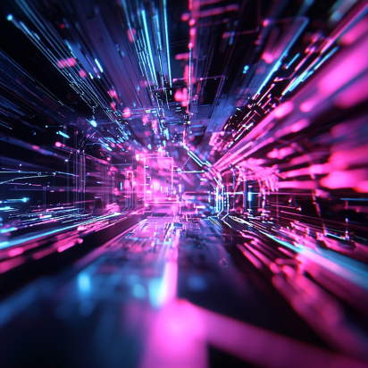 A digital rendering depicts a tunnel-like space filled with streaks of pink and blue light, suggesting high-speed data transfer or a futuristic environment. The lights are arranged in a way that creates a sense of depth and motion, as if one is traveling through a digital network. The overall effect is vibrant and dynamic, with the contrasting colors adding to the visual interest.