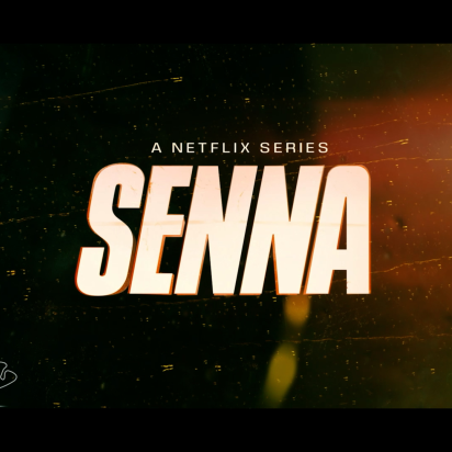 The image features the title "SENNA," presented as a Netflix series, with speed metrics and a racetrack outline, suggesting a focus on high-speed racing.
