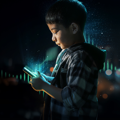 The image shows a young person in profile, illuminated by the glow of a smartphone screen, with digital waveforms and particle effects surrounding them in a dark, futuristic setting.