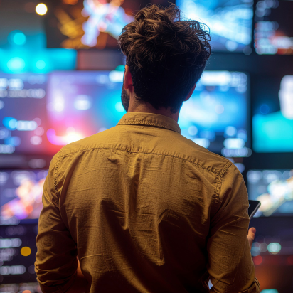 A man with dark, wavy hair stands with his back to the camera, wearing a mustard-yellow button-down shirt. He is looking at a large video wall composed of multiple screens, each glowing with bright, colorful, and abstract digital displays in a dimly lit room.