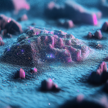 A digital landscape features pixel-like blue and pink block formations resembling futuristic mountains and valleys, softly illuminated with glowing light effects.