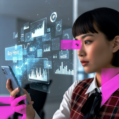 Asian lady looking at a phone while holograms emerge out from the phone