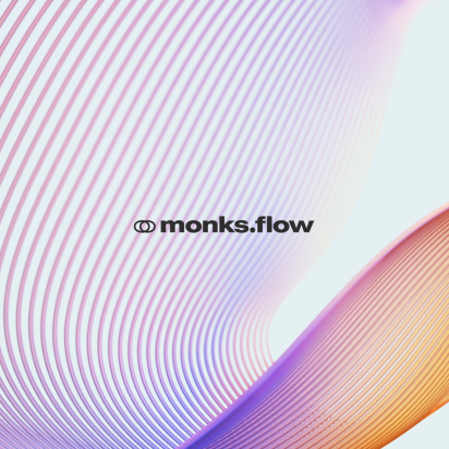 Monks.Flow logo in black with a flowing circle evolving in colors