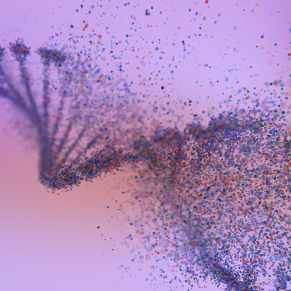 A vibrant, abstract depiction of a DNA strand, composed of numerous small, colorful particles. The double helix structure is visible on the left, rendered in shades of purple and blue. As it extends to the right, the DNA strand appears to dissolve into a scattered burst of individual particles, creating a dynamic, exploding effect. These particles are a mix of red, blue, green, and yellow, set against a soft, gradient background that transitions from a light purple on the left to a warm pinkish-orange.