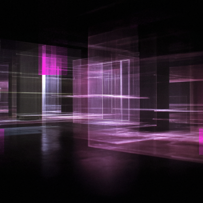 Abstract digital artwork featuring glowing, translucent pink and purple geometric structures against a dark background. The composition consists of overlapping rectangular planes and vertical pillars made of light, creating a three-dimensional, architectural feel. Horizontal light streaks and soft motion blur suggest digital movement, giving the impression of a high-tech visualization or a virtual data environment.